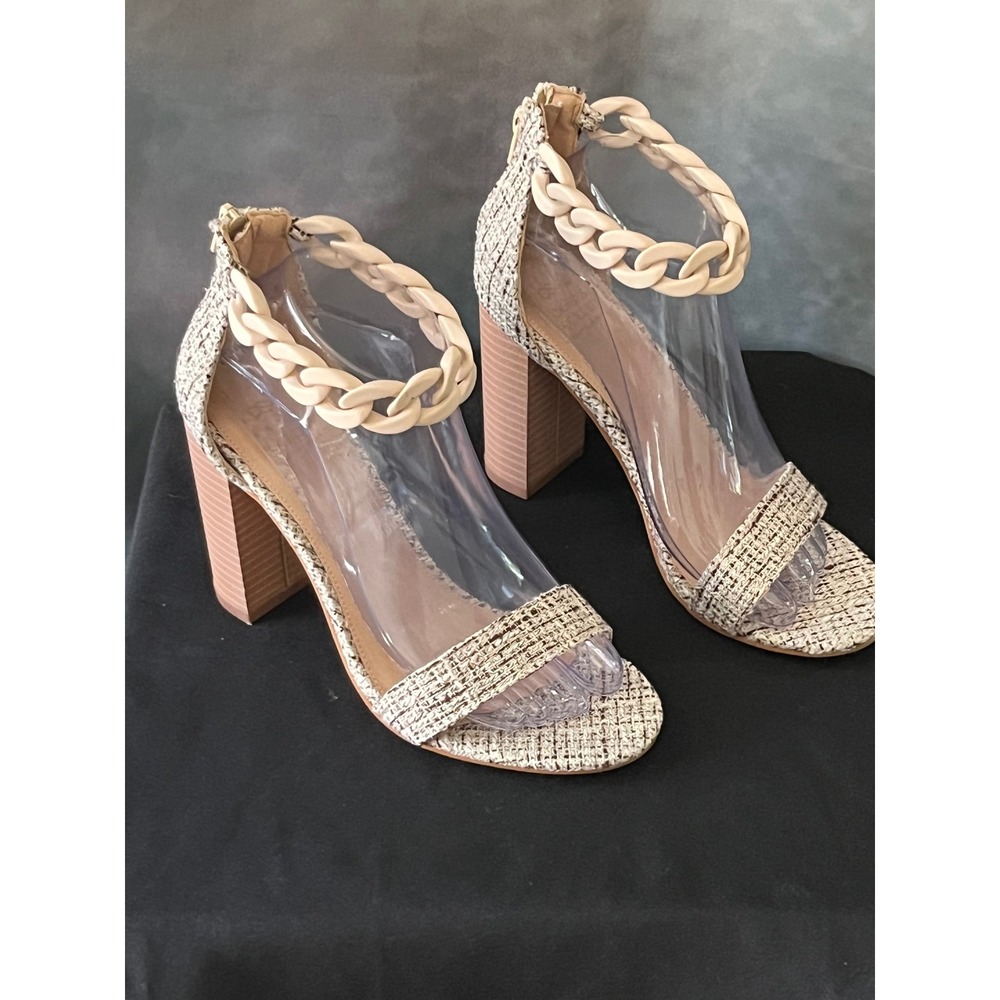 Oasis‎ Society Josie Block Heel Chain Ankle Strap Sandal, Neutral Tweed Open Toe